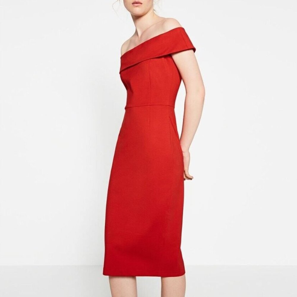 ZARA Red Off Shoulder Racer Pencil Classy Midi Dress - size 34 XS